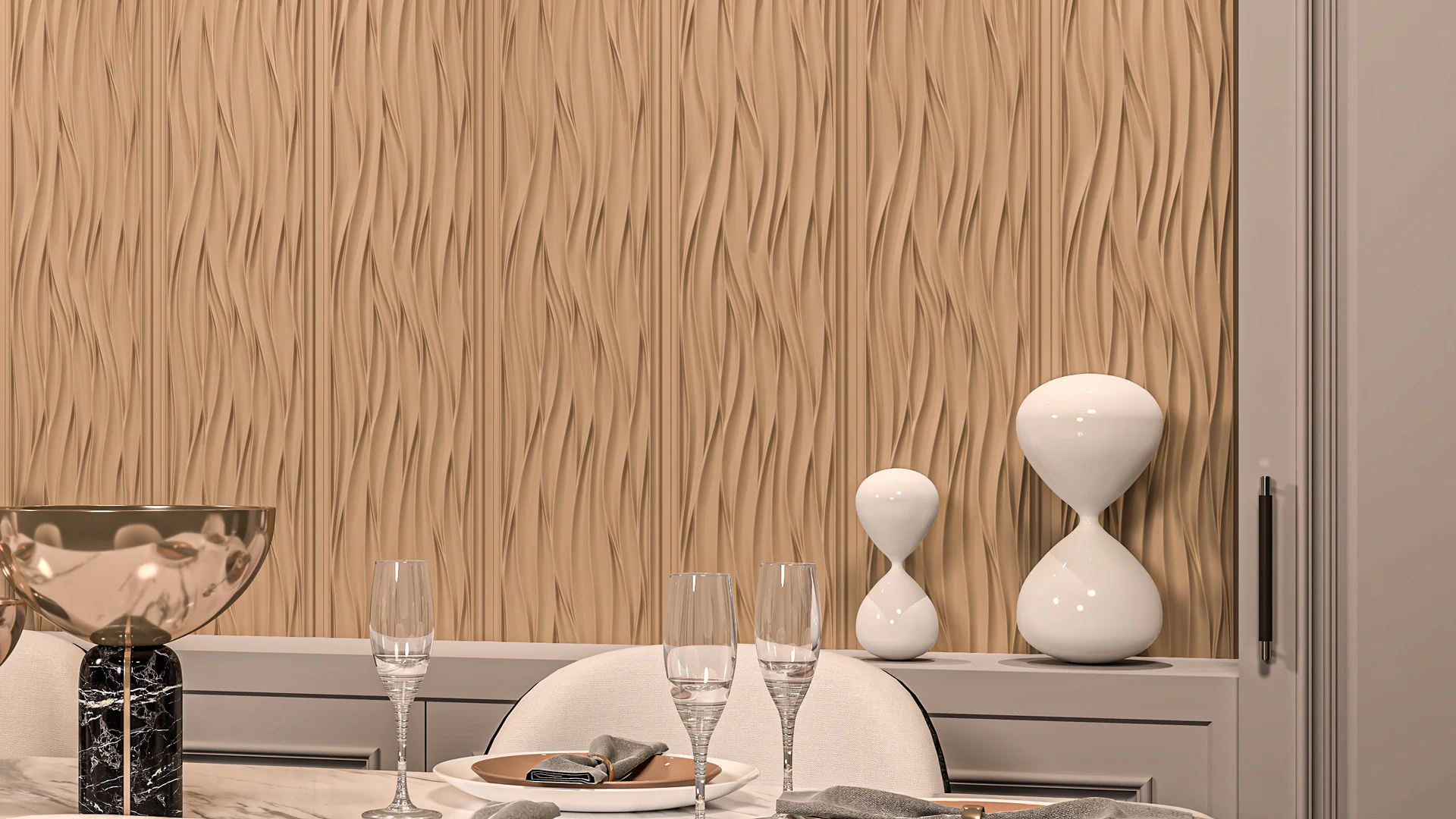 FP502 architectural wave surface in luxury dining room